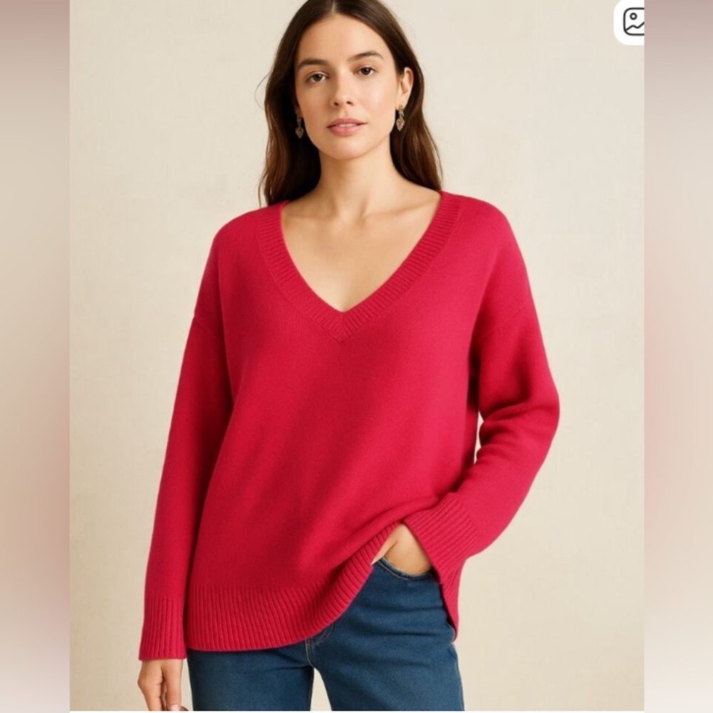 NWT Anthropologie 100% Cashmere Hot Pink Oversized V-Neck Sweater Size L $168